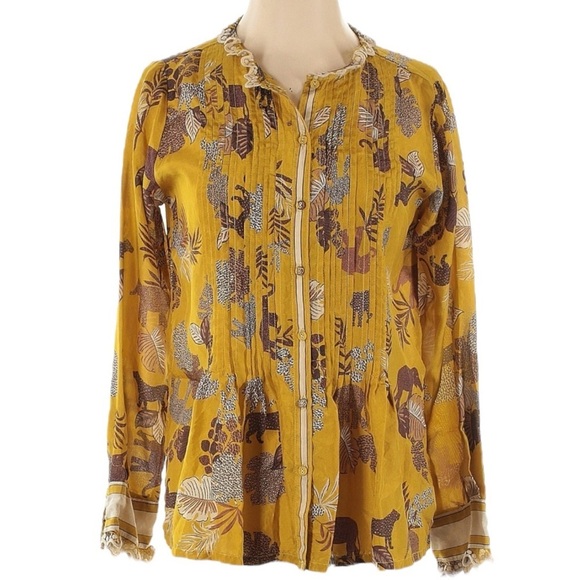 Johnny Was Taly Evette Safari Leopard Elephant Lightweight Silk Blouse Size XS - Picture 2 of 6